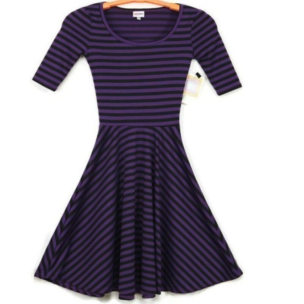 LuLaRoe Nicole Fit & Flare A-Line Dress Purple Black Striped USA‎ XXS